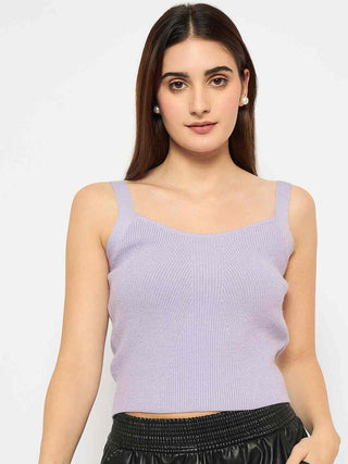 Madame Sleeveless Solid Mauve Ribbed Knit Sweater