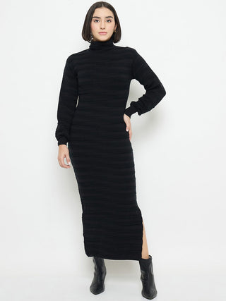Madame High Neck Black Knitted Midi Dress