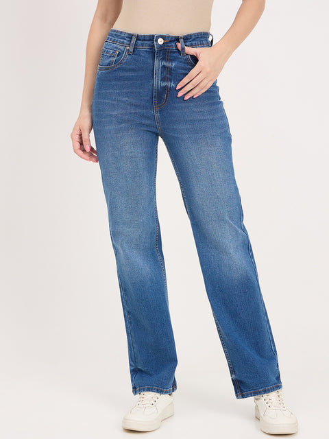 Madame Mid Blue Cotton Straight Fit Double Wash Jeans