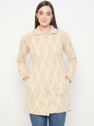 Madame Geometric Print Long Beige Cardigan