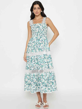 Madame Laced Floral Print White Midi Dress