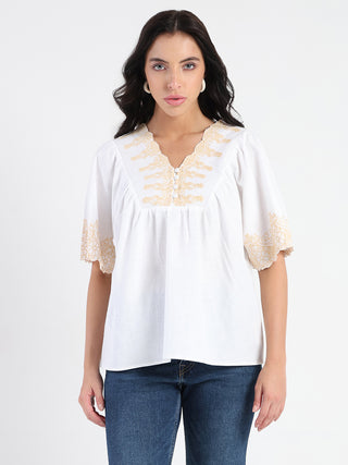 Madame Embroidered Detail Off White Viscose Blend Top