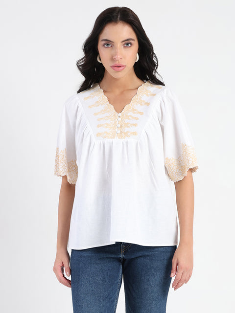 Madame Embroidered Detail Off White Viscose Blend Top