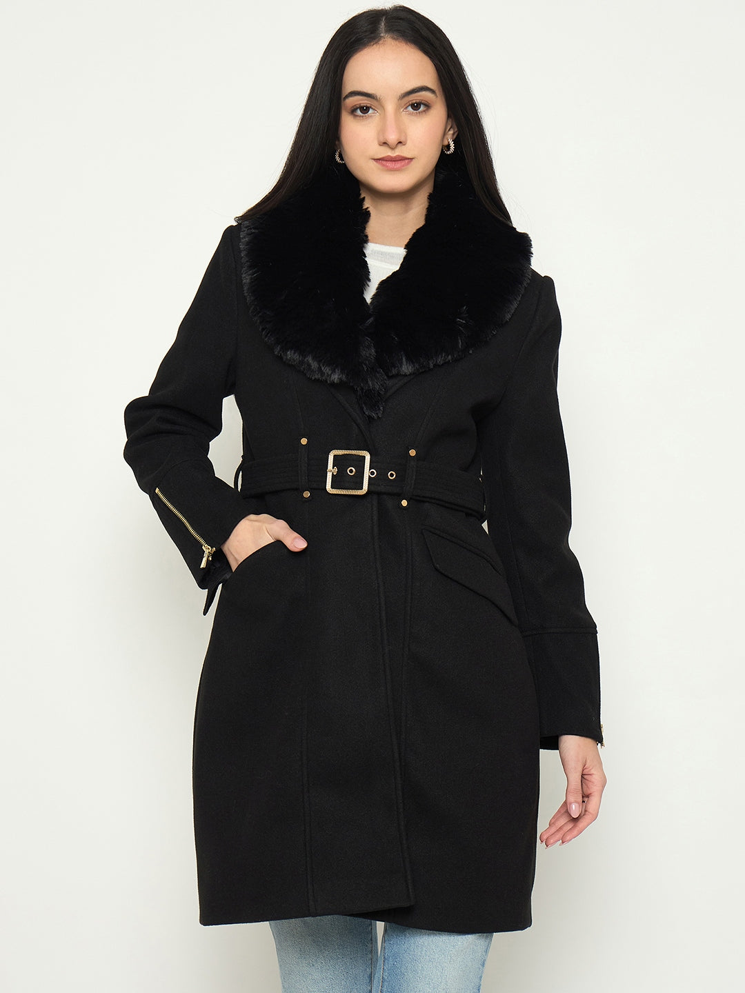 Madame Faux Fur Shawl Collar Long Coat with Belt color swatch