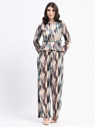 Madame Knit Moss Printed Belted Top And Bottom Beige Co-Ord Set