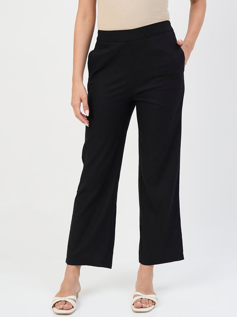 Madame Black Elastic Waist Linen-Blend Trousers