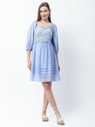 Madame Printed Powder Blue Tencel Blend Crochet Midi Dress