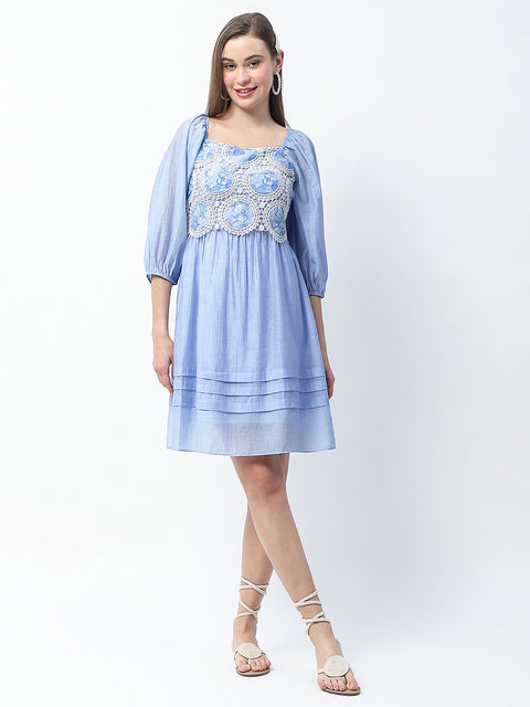 Madame Printed Powder Blue Tencel Blend Crochet Midi Dress