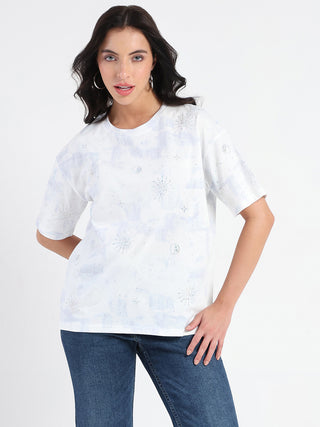 Madame Swarovksi Detailed Tie and Dye Sky Blue T-shirt