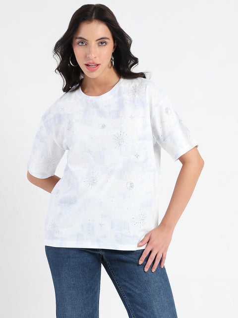 Madame Swarovksi Detailed Tie and Dye Sky Blue T-shirt