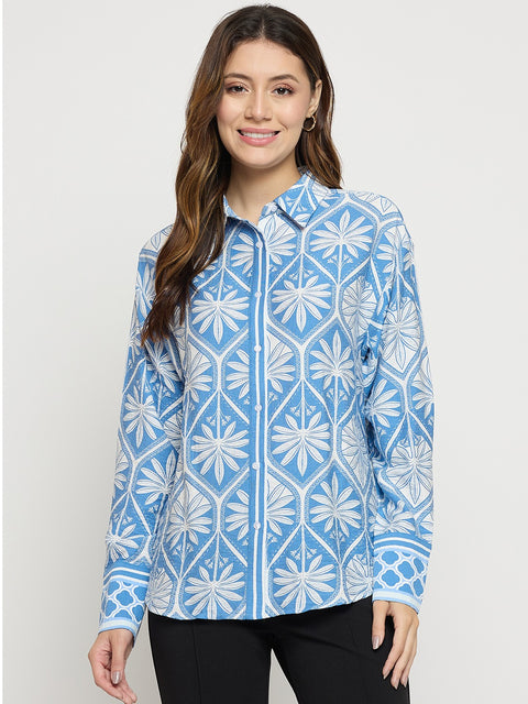 Madame Blue Printed Rayon Full Sleeve Shirt