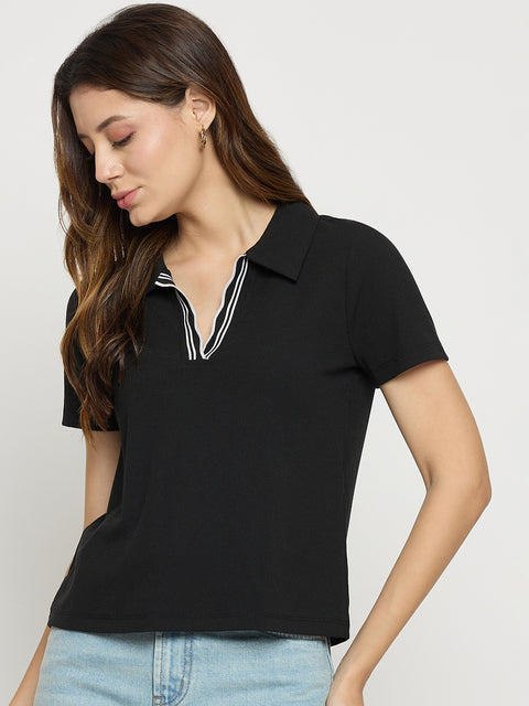 Madame Black Knit Polo Neck Short Sleeve T-Shirt