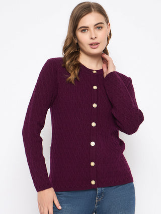 Madame Round Neck Wine Red Nylon Blend Cardigan
