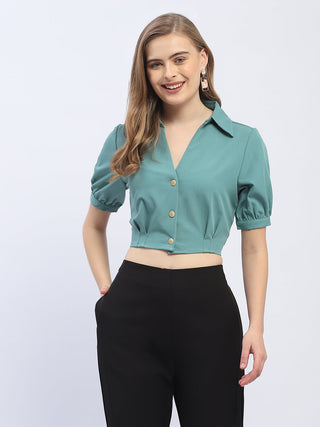 Madame Puff Sleeve Green Crop Shirt