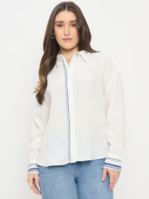 Madame White Textured Rayon Full Sleeve Shirt