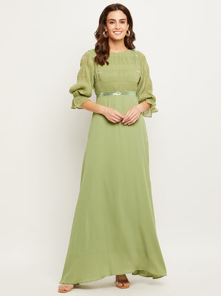 Madame Green Embellished Puff Sleeve Fit-Flare Dress