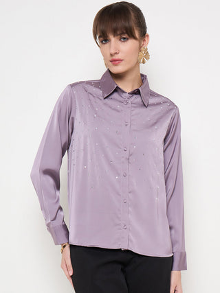 Madame Embellished Shirt Collar Solid Purple Shirt