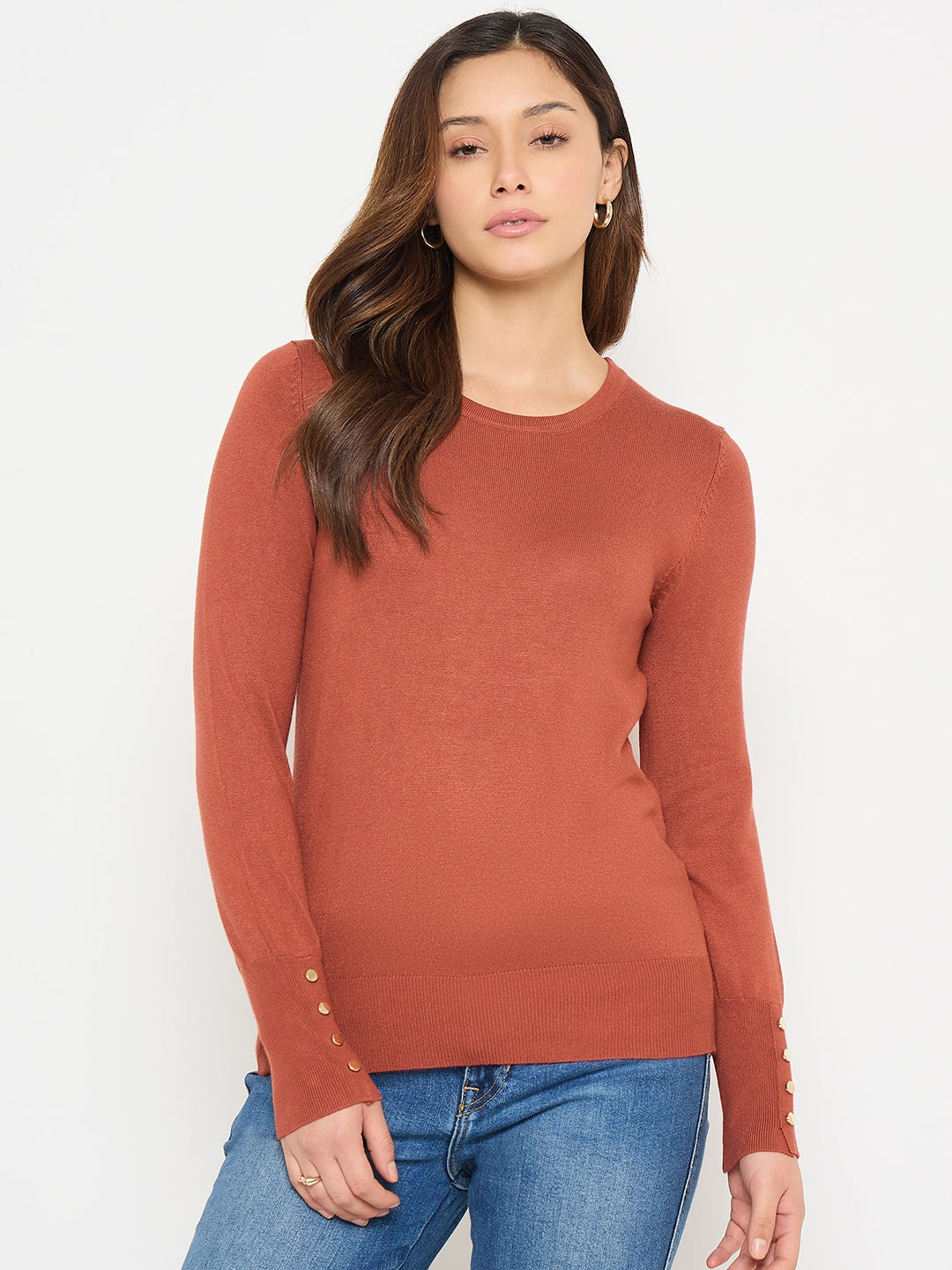 Madame Solid Rust Round Neck Sweater with Cuff Sleeves color swatch