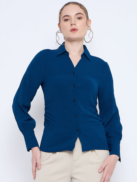 Madame Button Down Wing Necked Side Ruched Solid Teal Shirt