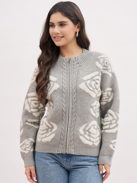 Madame Floral Design Printed Grey Sweater