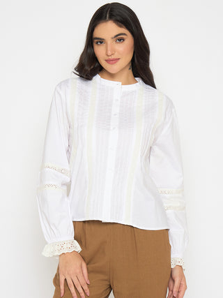 Madame Solid White Puff Sleeve Cotton Shirt