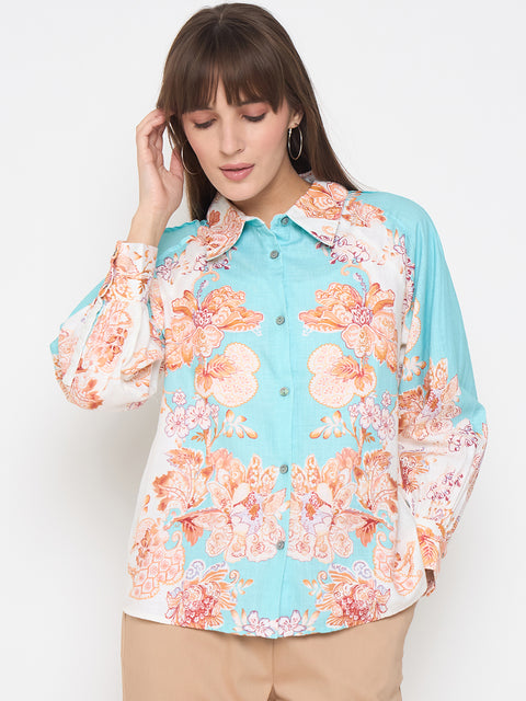 Madame Floral Print Colorblock Blue Shirt