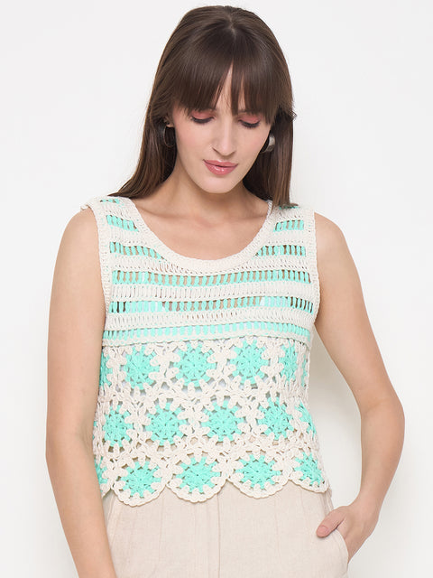 Madame Crochet Sleeveless Solid Green Cotton Top