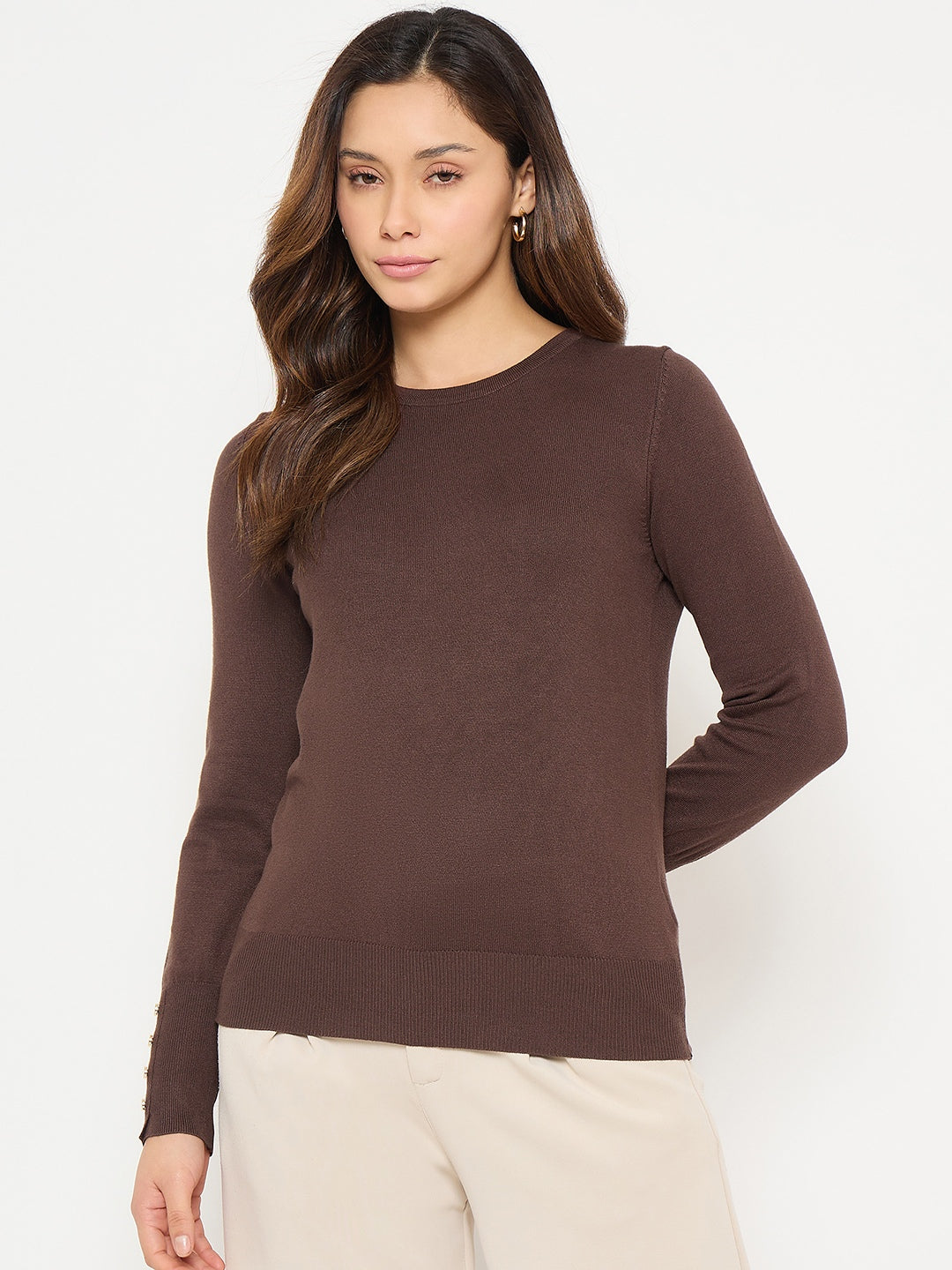Madame Coffee Brown Round Neck Sweater with Cuff Sleeves color swatch