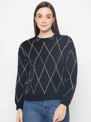 Madame Geometric Print Acrylic Blend Black Sweater