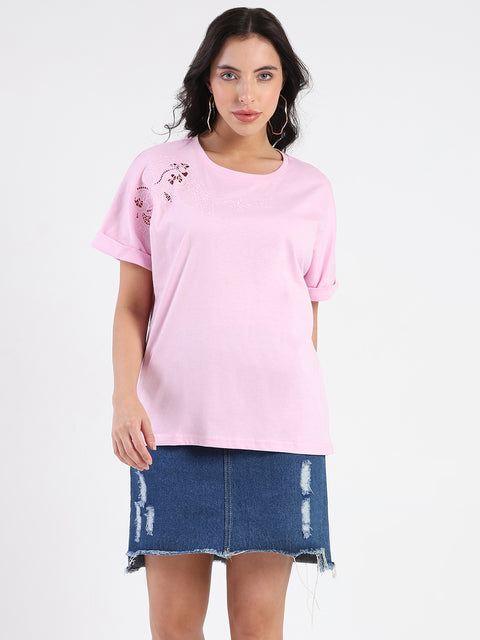 Madame Embroidery Cutwork Detail Solid Lilac Cotton T-shirt