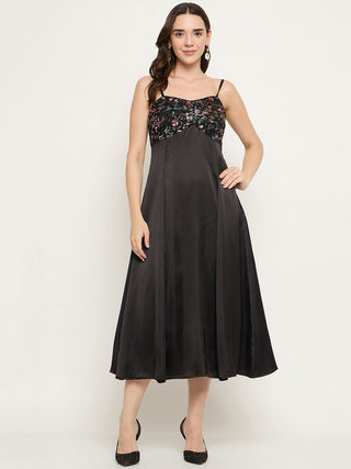 Madame Embroidered Midi Black Dress
