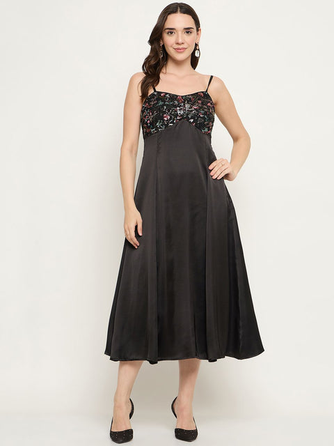 Madame Embroidered Midi Black Dress