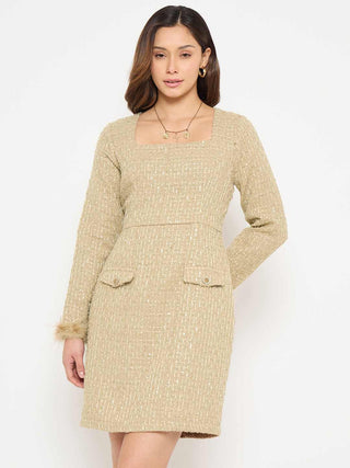 Madame Square Neck Beige Bodycon Dress with Feather Trim Sleeves