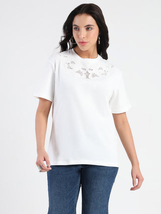 Madame Embroidered Round Neck White Cotton Lycra T-shirt