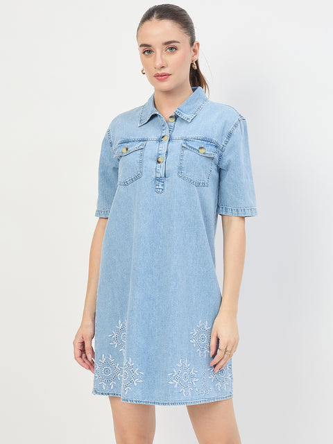 Madame Light Blue Cotton Tencel Embroidered Shirt Dress