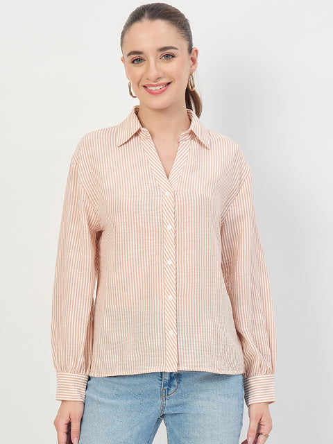 Madame Beige Ruched Sleeve Full Sleeve Shirt