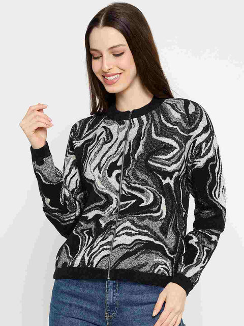 Madame Abstract Print Zip Up Black Sweater