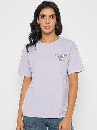 Madame Graphic Print Adorned Lilac Cotton T-shirt