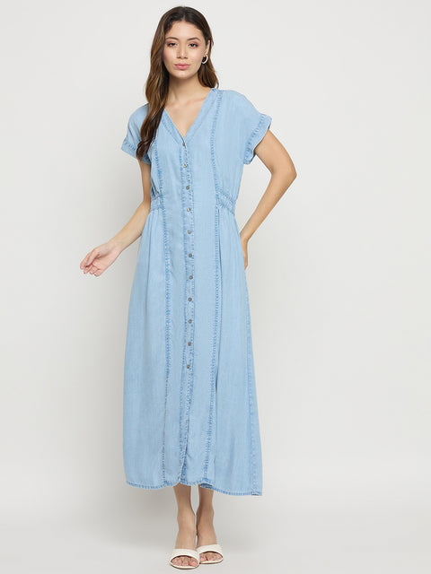 Madame Ice Blue Tencel V-Neck Short Sleeve A-Line Midi Dress
