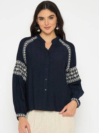 Madame Embroidered Navy Blue Rayon Blend Top