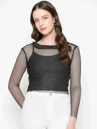 Madame Mesh Mock Neck Spaghetti Solid Black Top