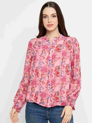 Madame Floral Print Lace Detailed Pink Top