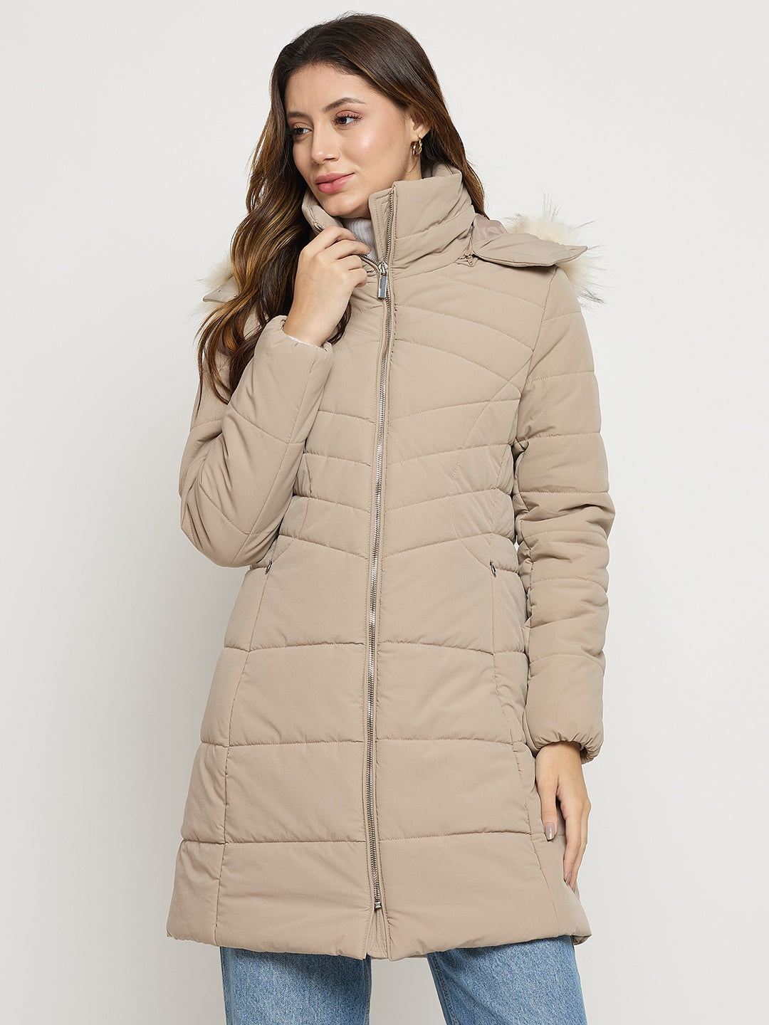 Madame Beige Quilted High Neck Full Sleeve Midi Jacket color swatch