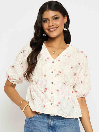 Madame Printed V Neck Red Top