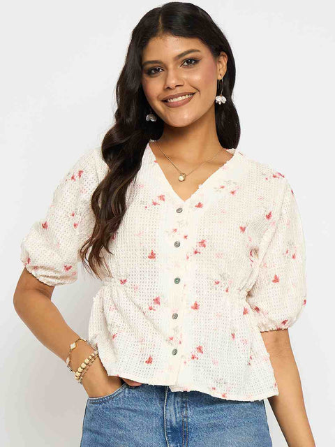 Madame Printed V Neck Red Top