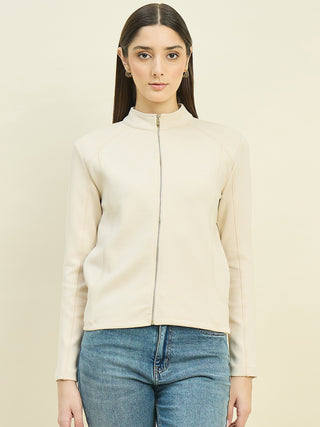 Madame Beige Cotton Blend Mock Neck Sweatshirt