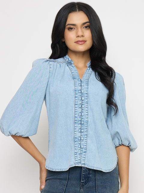 Madame Embroidery Detail Powder Blue Cotton Top