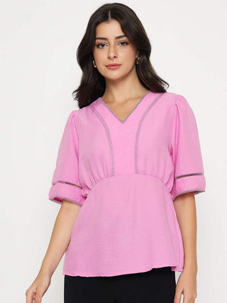 Madame V Neck Pink Peplum Top