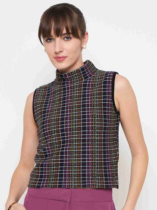 Madame Multicolored Chequered Tweed Black Funnel Neck Top