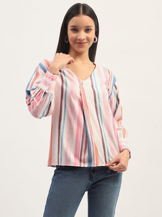 Madame Multicolor Striped V Neck Top